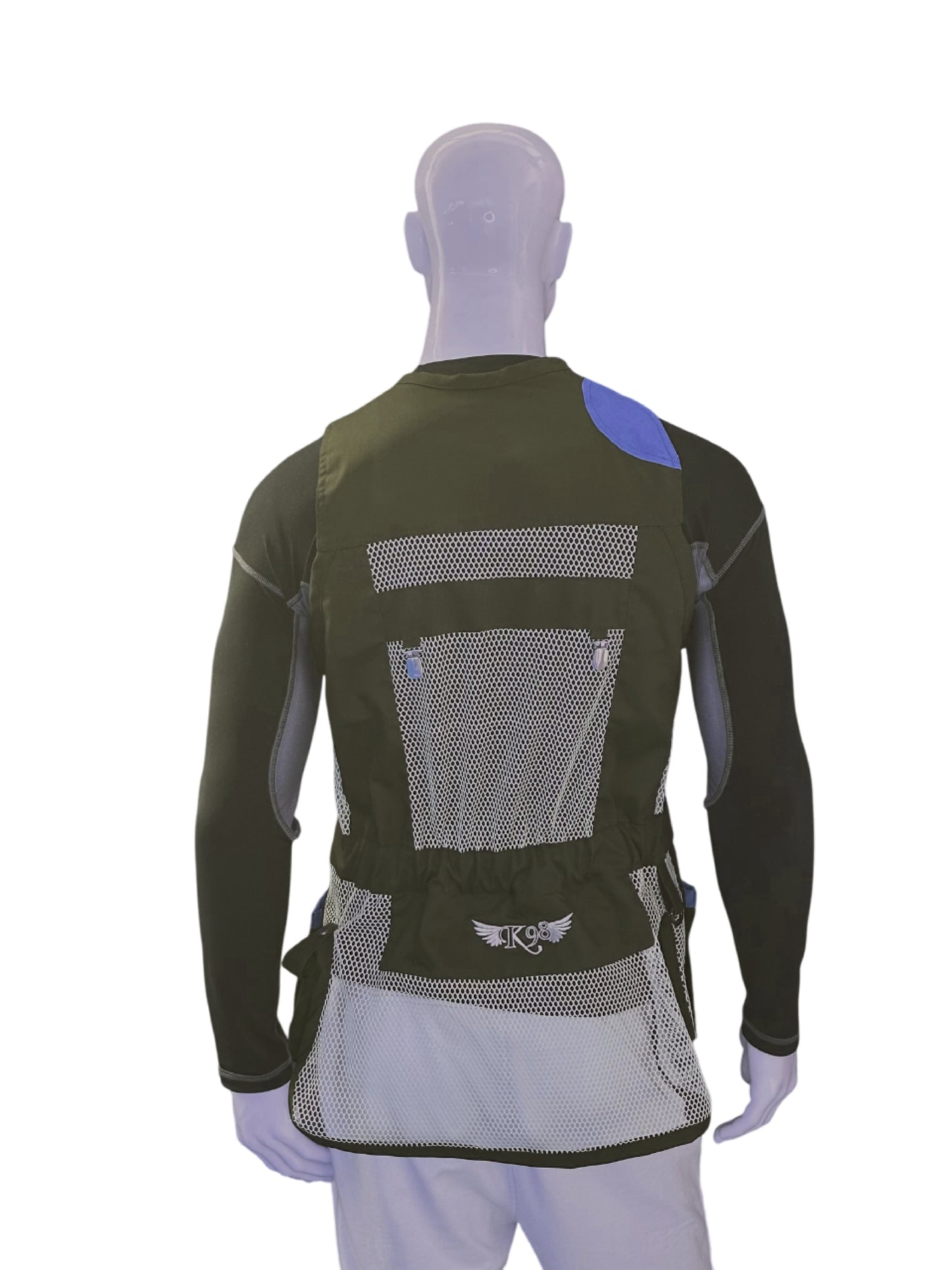 Dettaglio delle tasche verticali del gilet K98 K7 Blu e Nero, con bottoni a pressione per maggiore capacità