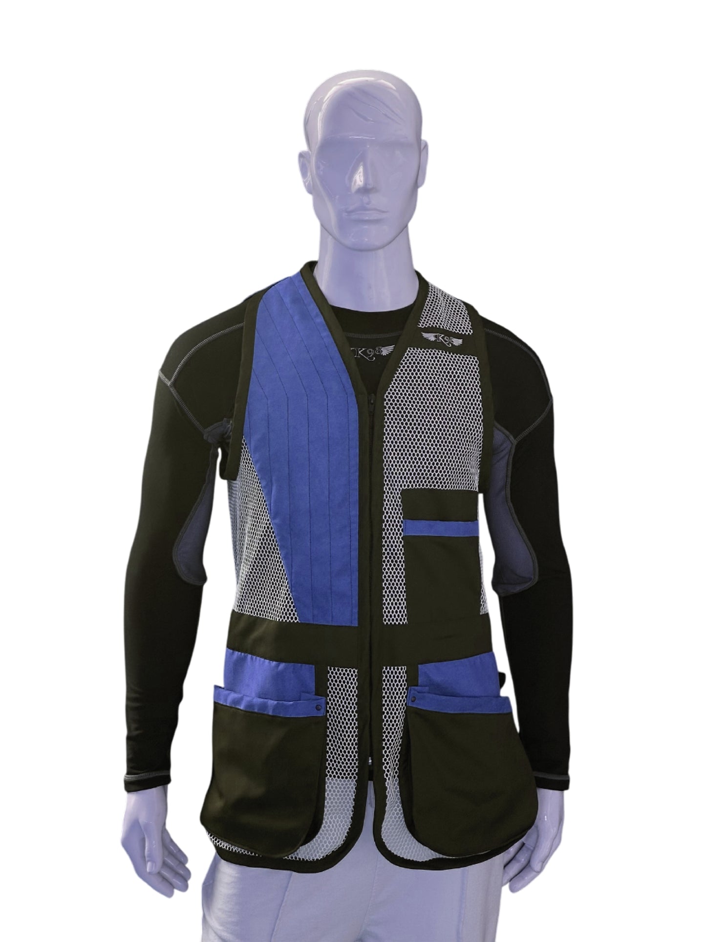 Gilet da tiro K98 K7 Blu e Nero, vista frontale con tasche verticali e zona fucile in ecopelle