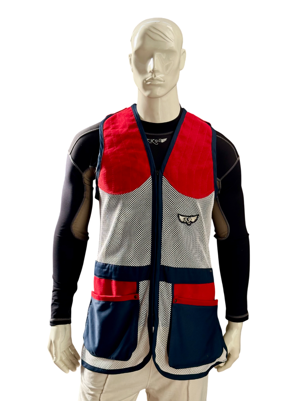 Gilet da tiro K98 K7 Double Classic vista frontale, tessuto blu navy con rete bianca e dettagli in ecopelle rossa