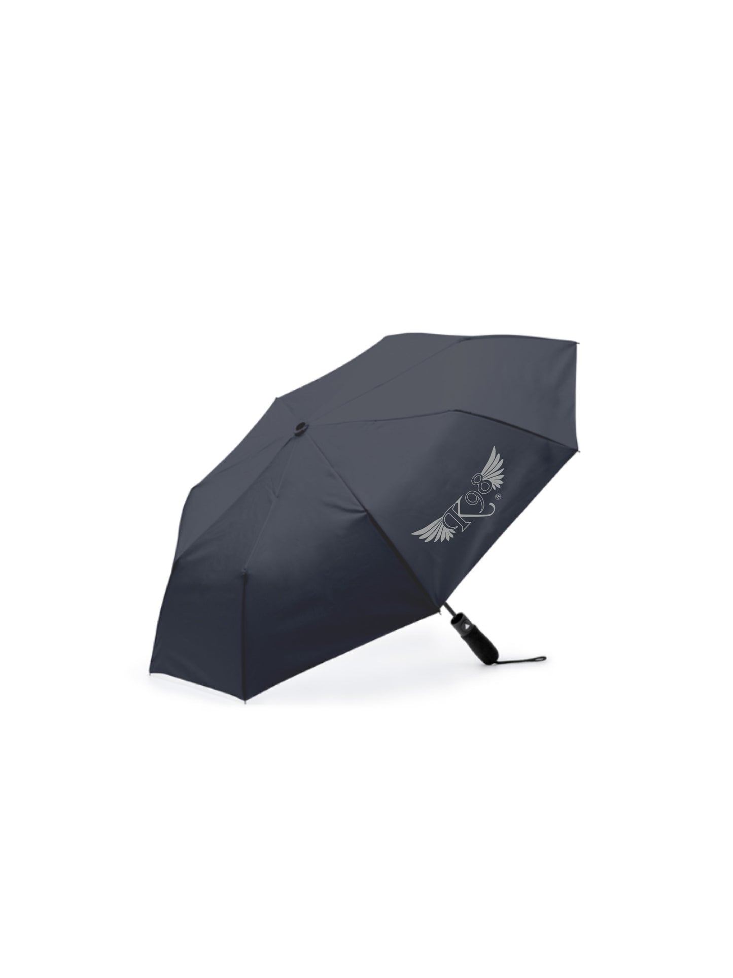 Ombrello pieghevole K98 in colore nero, vista frontale con struttura compatta e design elegante