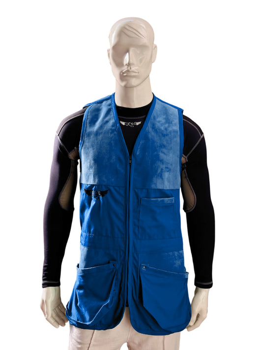 Gilet da tiro K98 K7 Double senza mesh, vista frontale con tessuto blue royal e doppia zona fucile in ecopelle​