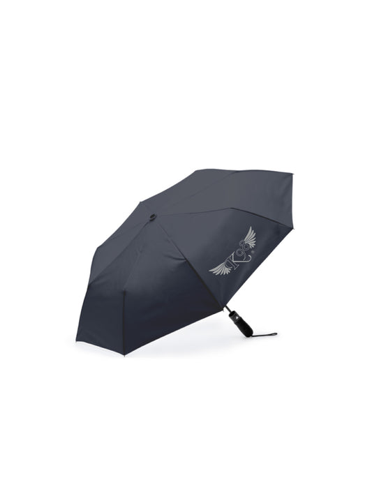 Ombrello pieghevole K98 in colore nero, vista frontale con struttura compatta e design elegante