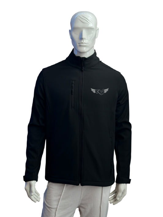 Giacca Softshell Tech K98, vista frontale in colore nero con cerniera centrale invertita e protezione per il mento​